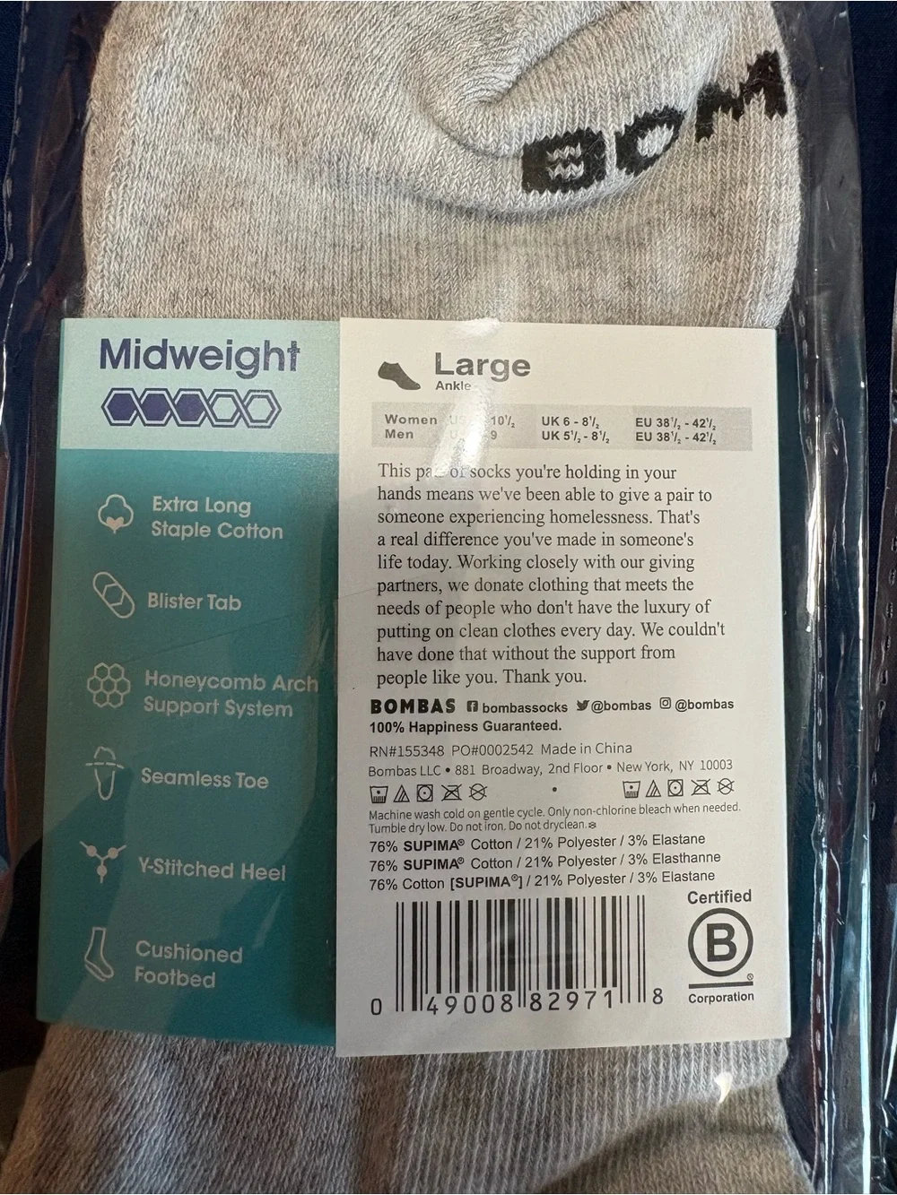 3 pairs of Bombas Men's Midweight Ankle Socks Grey Heather Black Large NWT